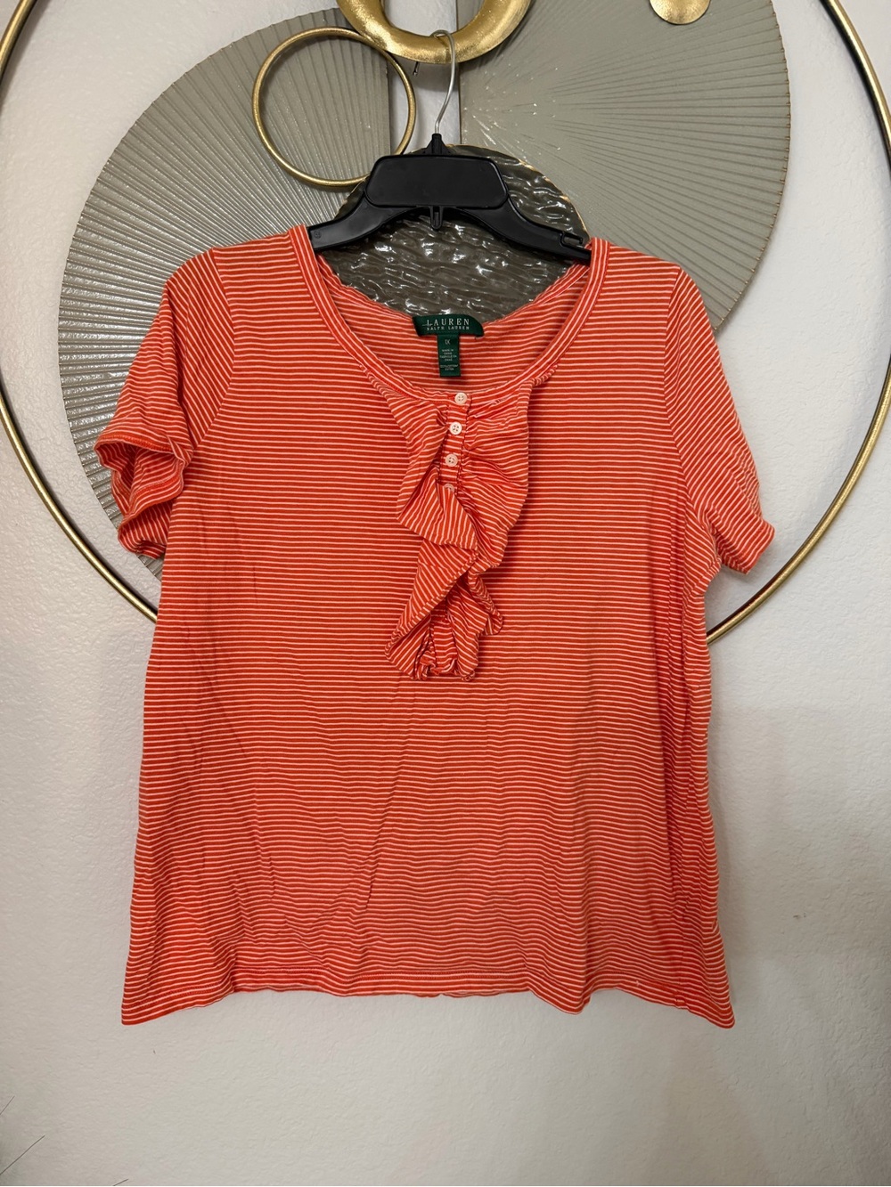 Ralph Lauren Orange and White Striped Ruffle Henley Tee